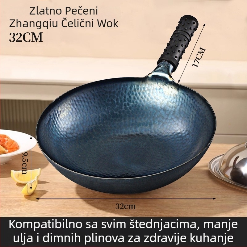 Wok od kovanog željeza s dvostrukim dnom, bez premaza, stakleni poklopac, univerzalno pogodan za plinske i indukcijske ploče