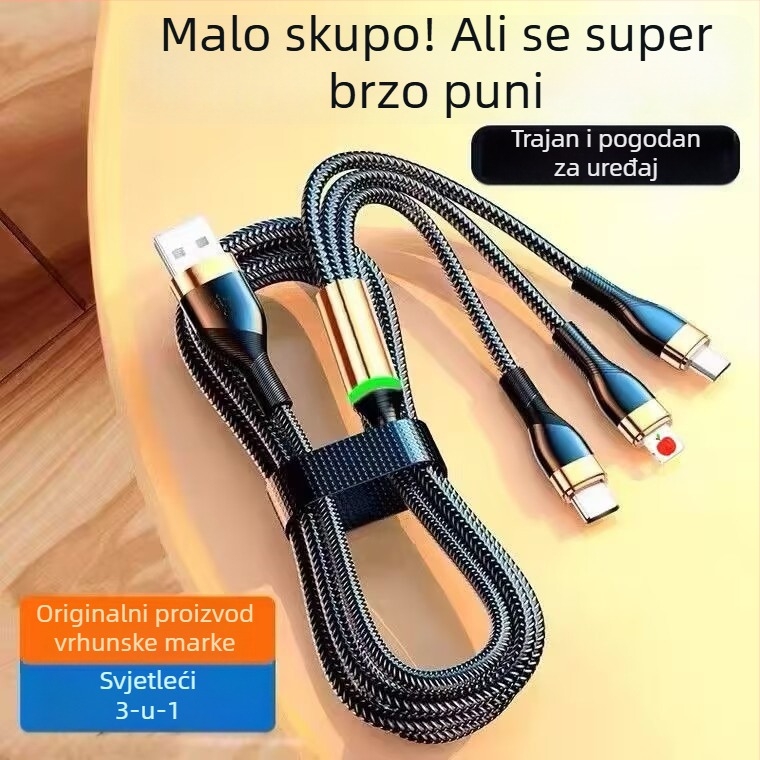 3-u-1 kabel za podatke s 66W brzim punjenjem i LED indikatorom za Apple, Huawei i Xiaomi (za automobil) – Lightning, Micro USB, Type-C, pleteni kabel