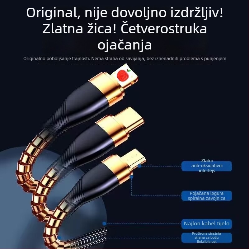 3-u-1 kabel za podatke s 66W brzim punjenjem i LED indikatorom za Apple, Huawei i Xiaomi (za automobil) – Lightning, Micro USB, Type-C, pleteni kabel