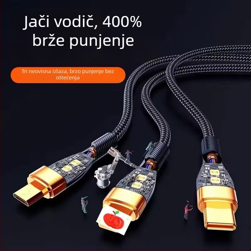 3-u-1 kabel za podatke s 66W brzim punjenjem i LED indikatorom za Apple, Huawei i Xiaomi (za automobil) – Lightning, Micro USB, Type-C, pleteni kabel