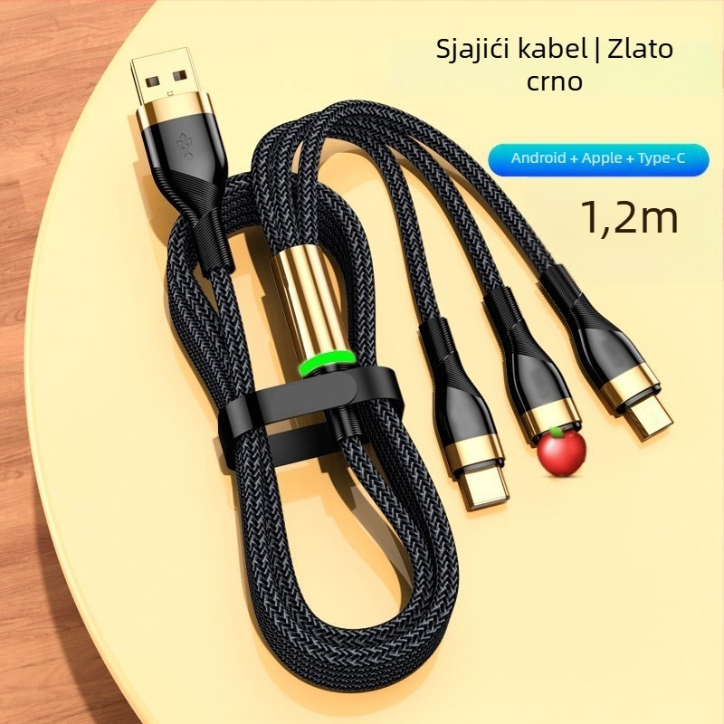 3-u-1 kabel za podatke s 66W brzim punjenjem i LED indikatorom za Apple, Huawei i Xiaomi (za automobil) – Lightning, Micro USB, Type-C, pleteni kabel