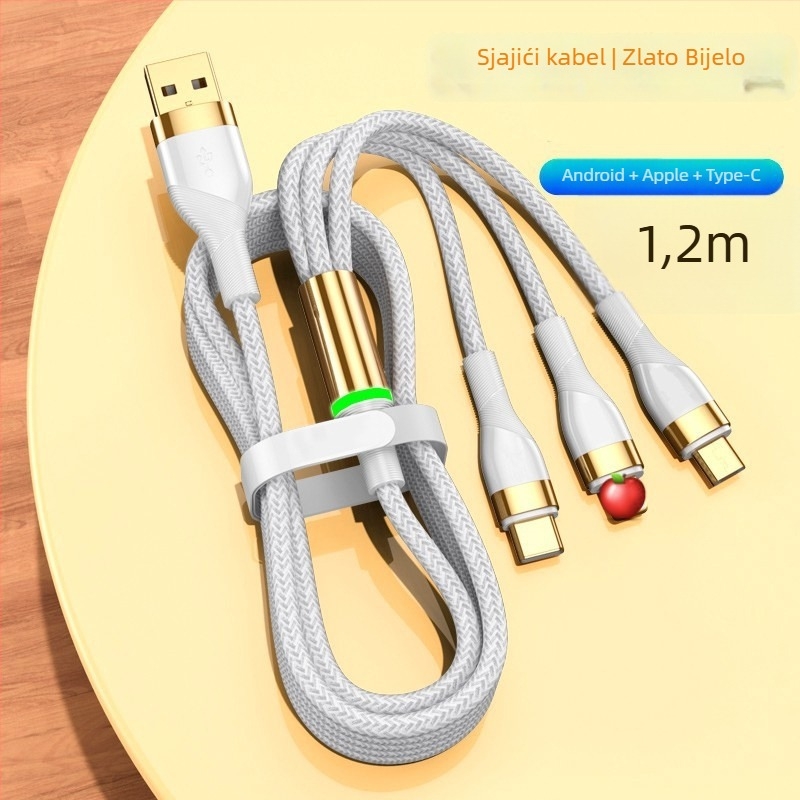 3-u-1 kabel za podatke s 66W brzim punjenjem i LED indikatorom za Apple, Huawei i Xiaomi (za automobil) – Lightning, Micro USB, Type-C, pleteni kabel