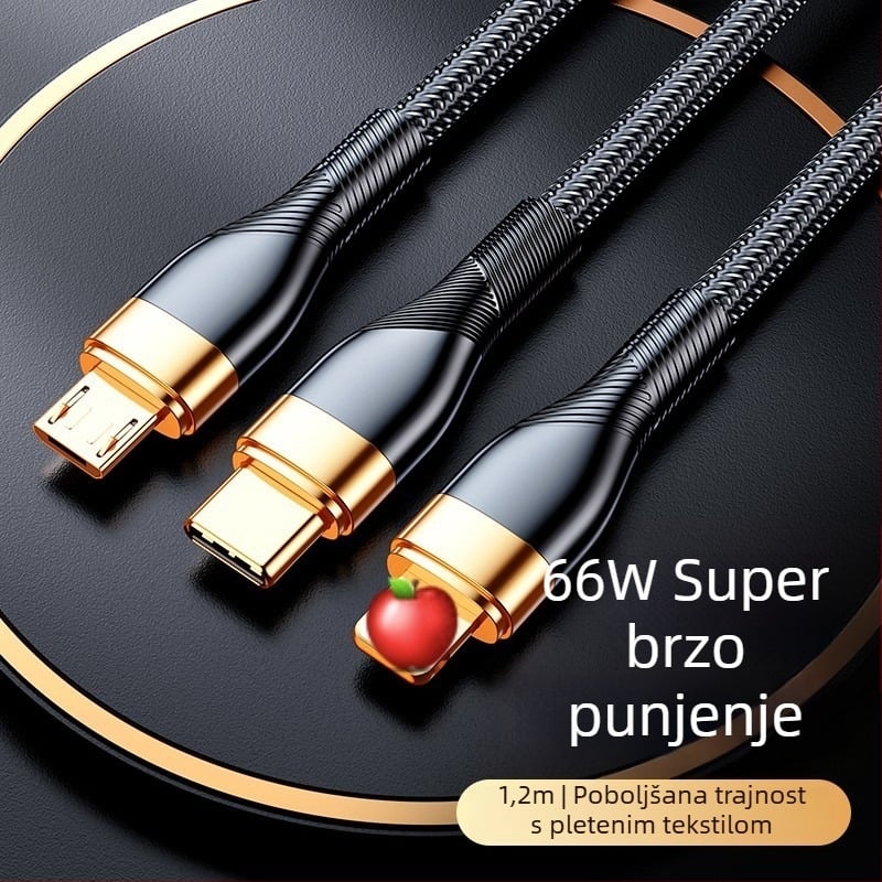 3-u-1 kabel za podatke s 66W brzim punjenjem i LED indikatorom za Apple, Huawei i Xiaomi (za automobil) – Lightning, Micro USB, Type-C, pleteni kabel