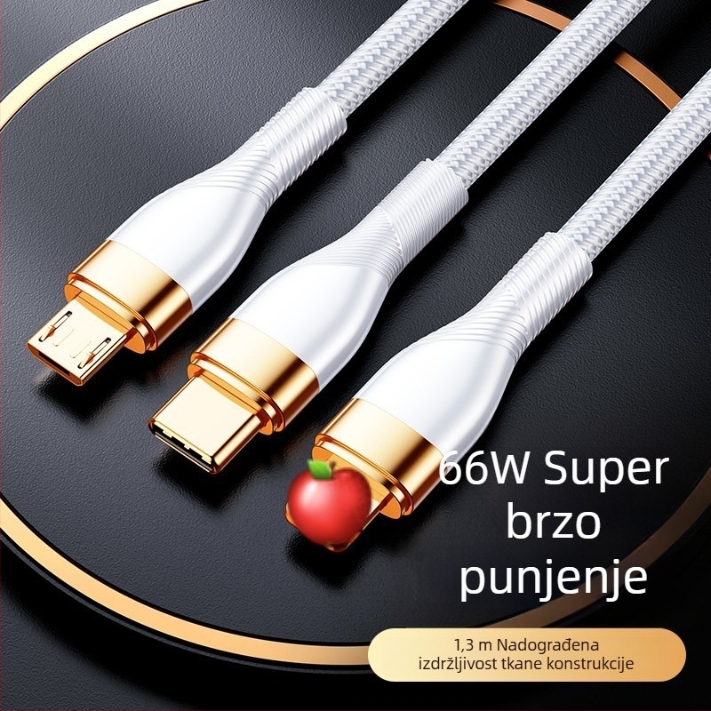 3-u-1 kabel za podatke s 66W brzim punjenjem i LED indikatorom za Apple, Huawei i Xiaomi (za automobil) – Lightning, Micro USB, Type-C, pleteni kabel
