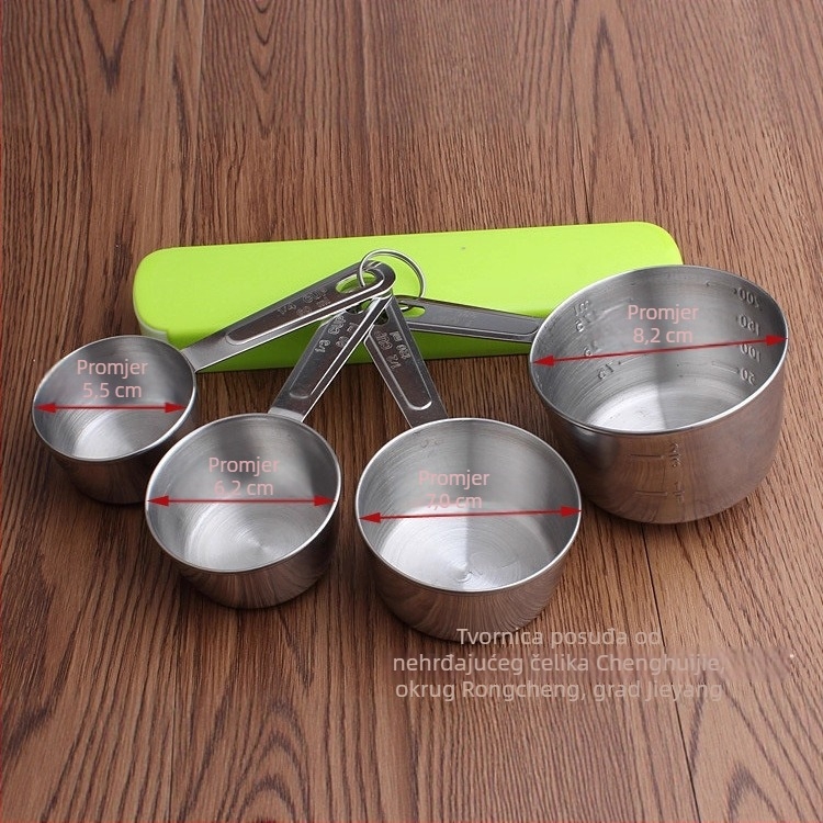 Četvero-dijelni set mjernih žlica i šalica od nehrđajućeg čelika s ugrađenom skalom za pečenje