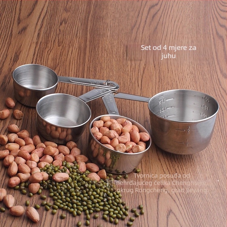 Četvero-dijelni set mjernih žlica i šalica od nehrđajućeg čelika s ugrađenom skalom za pečenje