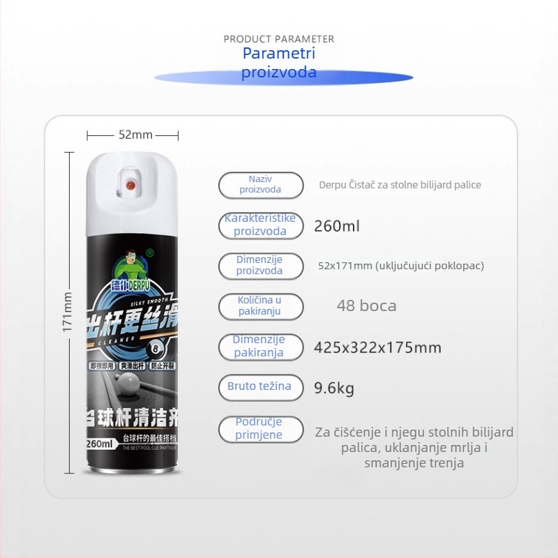Čistač šipke za bilijar s neutralnom formulom, 10 sekundi brzog djelovanja, 260 ml bočica, 0,15 kg, 48 bočica u kartonu