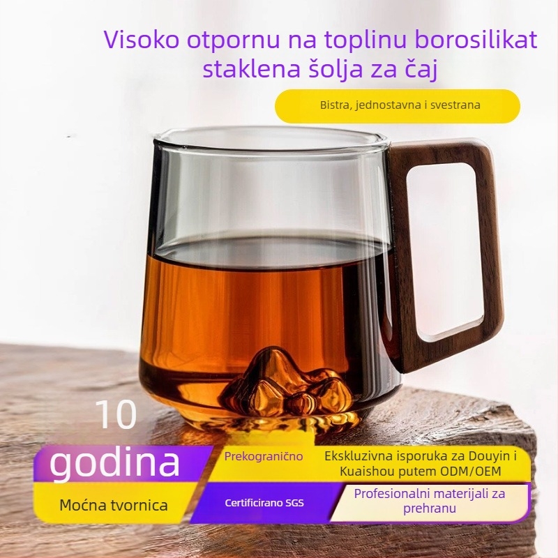 Staklena čaša za vodu sa bočnom drškom od drveta, jednostruka, ručno puhana, za kućnu upotrebu, pogodno za čaj s mlijekom