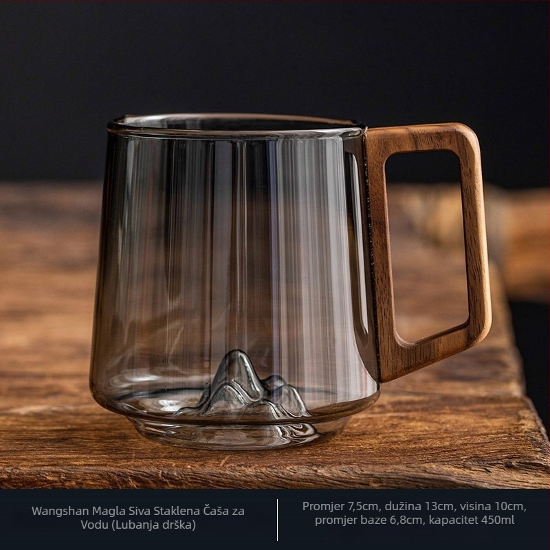 Staklena čaša za vodu sa bočnom drškom od drveta, jednostruka, ručno puhana, za kućnu upotrebu, pogodno za čaj s mlijekom