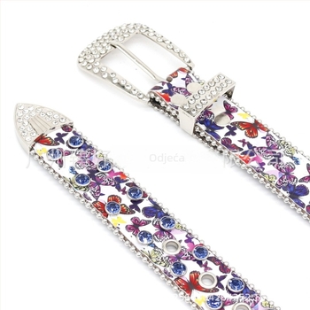 Pojas od PU kože s otiskom leptira, kopča od legure s pinom, širina 2-4 cm, ukrašena rhinestones, ručna izrada