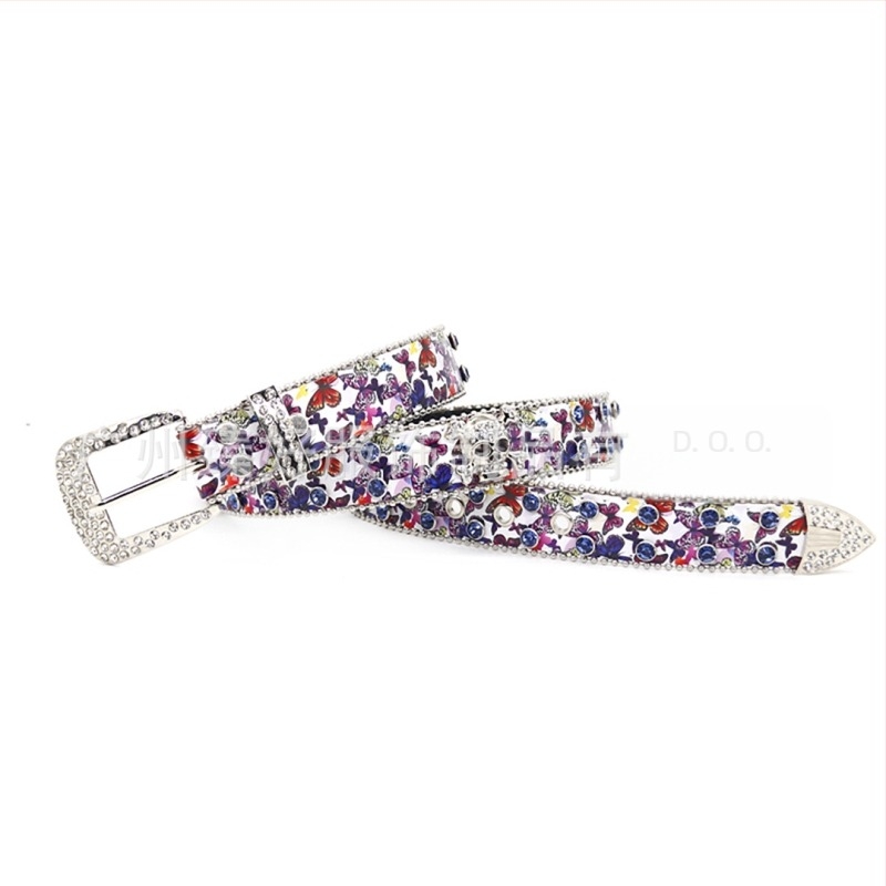 Pojas od PU kože s otiskom leptira, kopča od legure s pinom, širina 2-4 cm, ukrašena rhinestones, ručna izrada