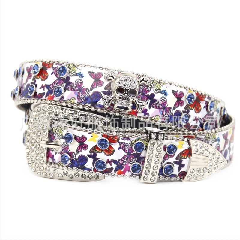 Pojas od PU kože s otiskom leptira, kopča od legure s pinom, širina 2-4 cm, ukrašena rhinestones, ručna izrada