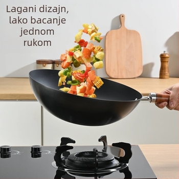Wok od finog željeza, zapadni stil, bez premaza, s jednim dnom, poklopac od nehrđajućeg čelika
