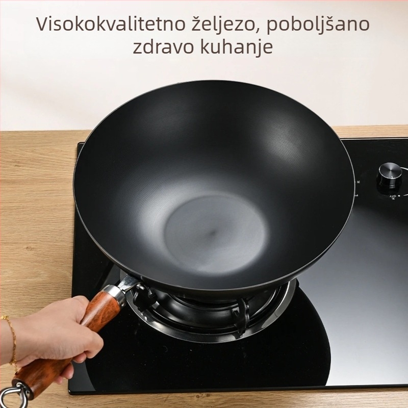 Wok od finog željeza, zapadni stil, bez premaza, s jednim dnom, poklopac od nehrđajućeg čelika