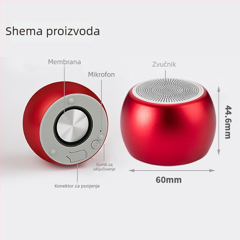 Prijenosni Bluetooth zvučnik s metalnim kućištem, IPX5 vodootporan, Bluetooth 5.0, 5W, frekvencijski raspon 100 Hz–20 kHz