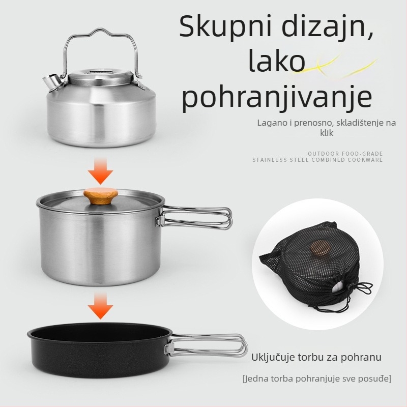 Kamping set posuđa od nehrđajućeg čelika 304, 3 dijela – prenosan, s neprijanjajućim tiganjem, čajnik i lonac, za 2-3 osobe