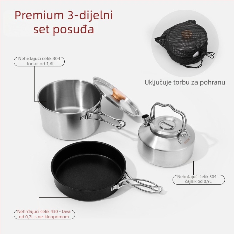 Kamping set posuđa od nehrđajućeg čelika 304, 3 dijela – prenosan, s neprijanjajućim tiganjem, čajnik i lonac, za 2-3 osobe