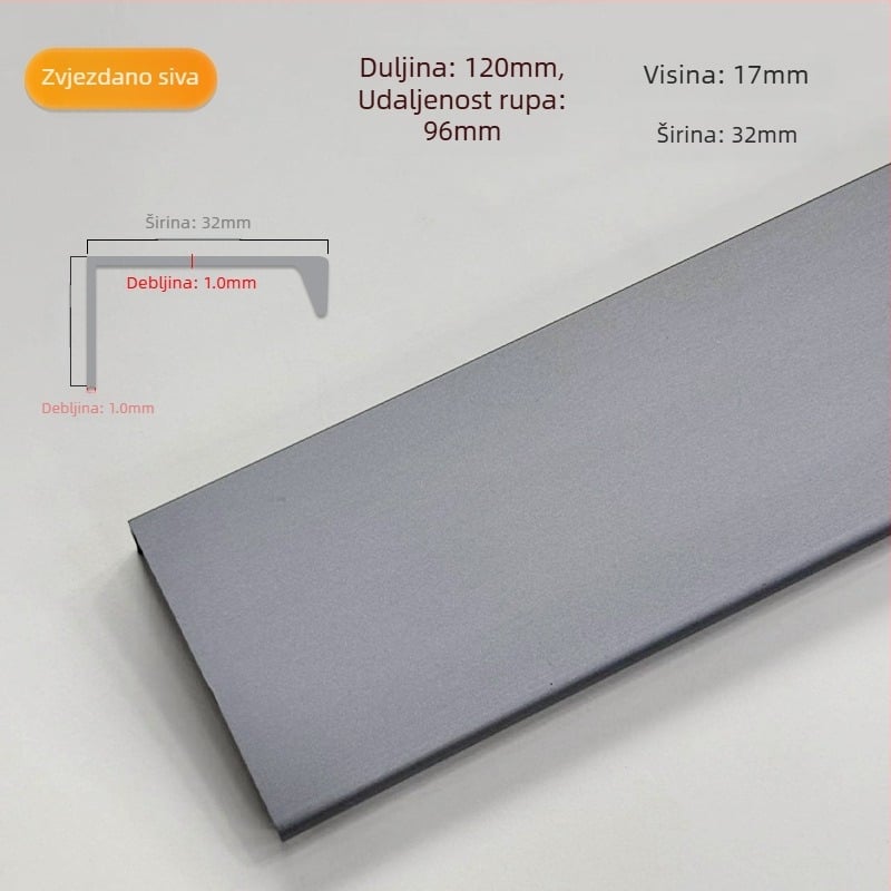 Ručka za vrata ormarića od aluminijskog legura, bočno montirana, skrivena, za garderobe i drvene ormare, moderan minimalistički stil, elektroplakirani završni sloj s teksturom žice