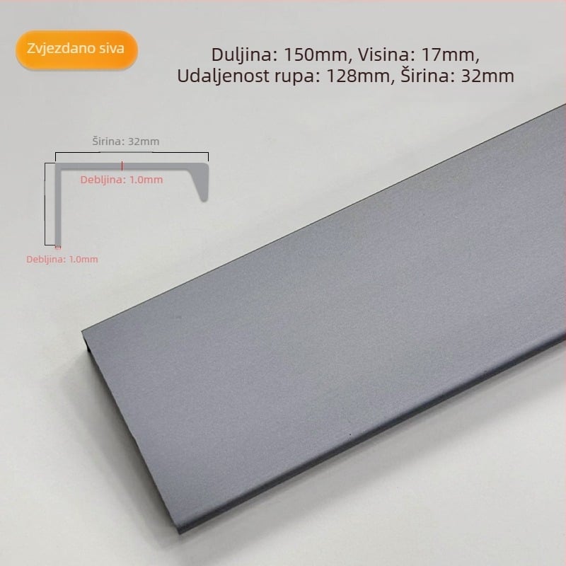 Ručka za vrata ormarića od aluminijskog legura, bočno montirana, skrivena, za garderobe i drvene ormare, moderan minimalistički stil, elektroplakirani završni sloj s teksturom žice