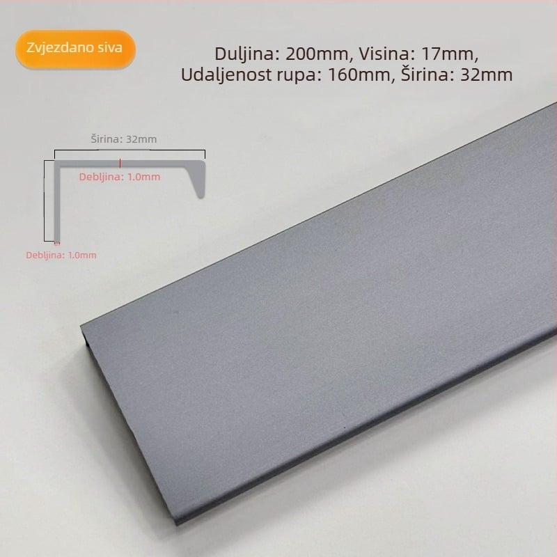 Ručka za vrata ormarića od aluminijskog legura, bočno montirana, skrivena, za garderobe i drvene ormare, moderan minimalistički stil, elektroplakirani završni sloj s teksturom žice