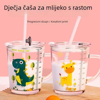 Dječja staklena čaša za mlijeko s poklopcem i držalom, debelo soda-lime staklo, mjerač, karikatura dizajn