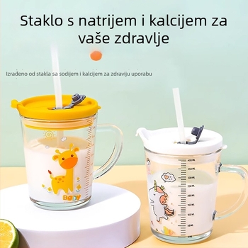 Dječja staklena čaša za mlijeko s poklopcem i držalom, debelo soda-lime staklo, mjerač, karikatura dizajn