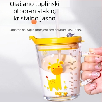 Dječja staklena čaša za mlijeko s poklopcem i držalom, debelo soda-lime staklo, mjerač, karikatura dizajn