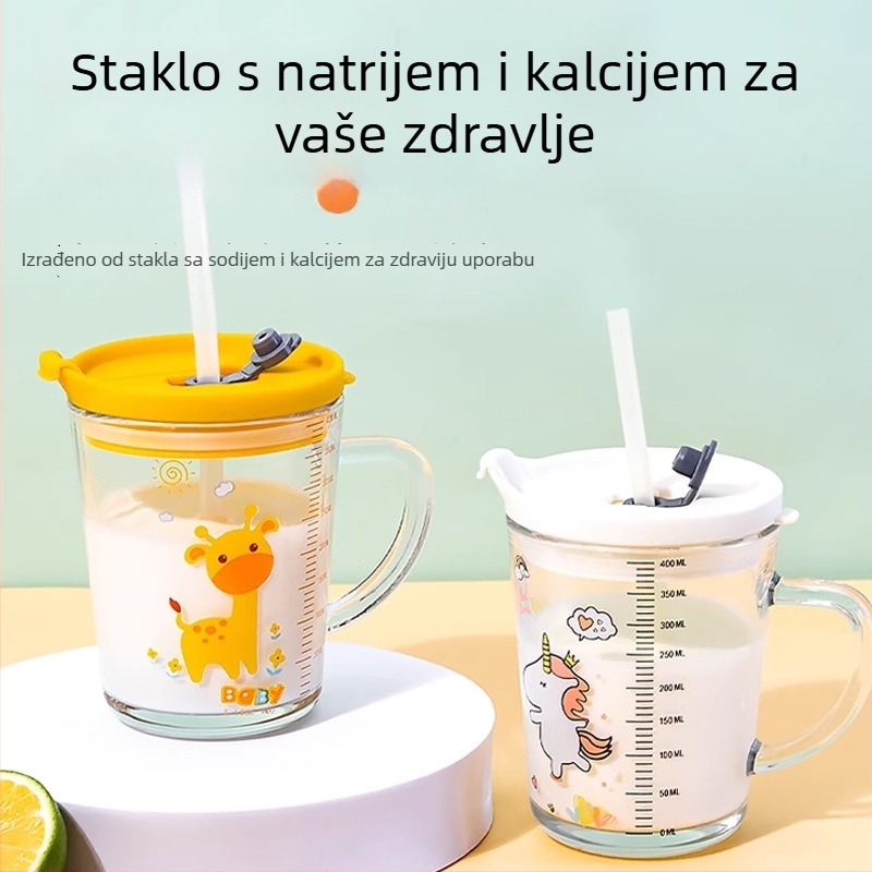 Dječja staklena čaša za mlijeko s poklopcem i držalom, debelo soda-lime staklo, mjerač, karikatura dizajn