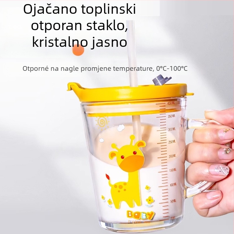 Dječja staklena čaša za mlijeko s poklopcem i držalom, debelo soda-lime staklo, mjerač, karikatura dizajn