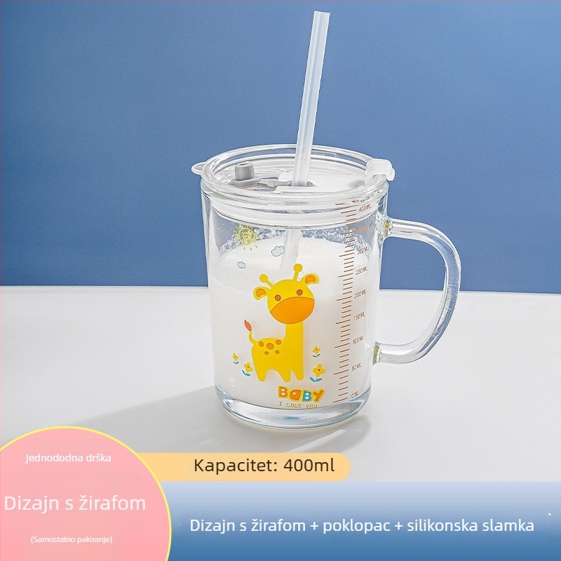 Dječja staklena čaša za mlijeko s poklopcem i držalom, debelo soda-lime staklo, mjerač, karikatura dizajn