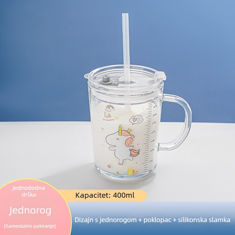 Dječja staklena čaša za mlijeko s poklopcem i držalom, debelo soda-lime staklo, mjerač, karikatura dizajn