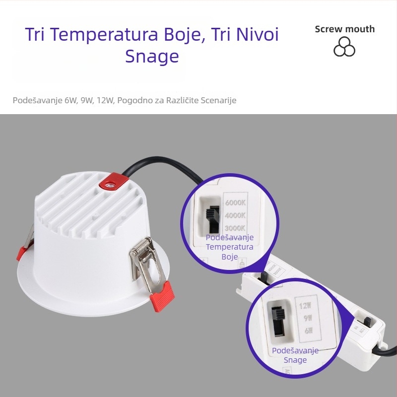 LED ugrađeni downlight, trobojno dimmiranje (3000/4000/6000K), snaga 6–10W, otvor Ø75 mm, aluminijsko kućište, 220V
