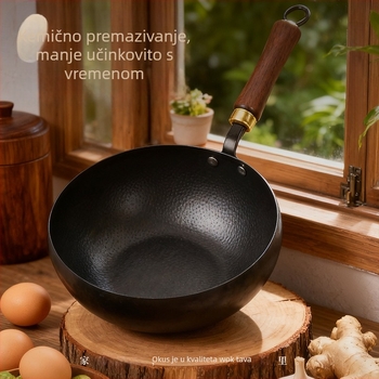 Wok od finog željeza, dubina 12 cm, težina 1,5 kg, drveni poklopac