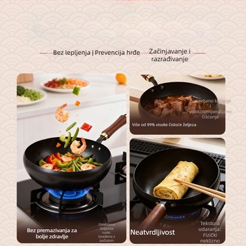 Wok od finog željeza, dubina 12 cm, težina 1,5 kg, drveni poklopac