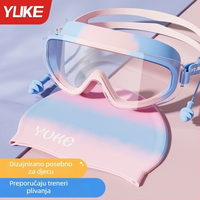 Dječje plivačke naočale s velikim okvirom, leće od polikarbonata, anti-fog, vodootporne, u kompletu s kapom za plivanje