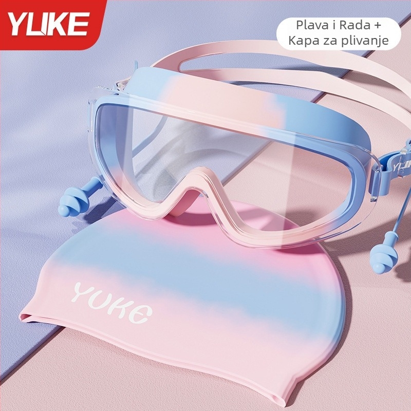 Dječje plivačke naočale s velikim okvirom, leće od polikarbonata, anti-fog, vodootporne, u kompletu s kapom za plivanje