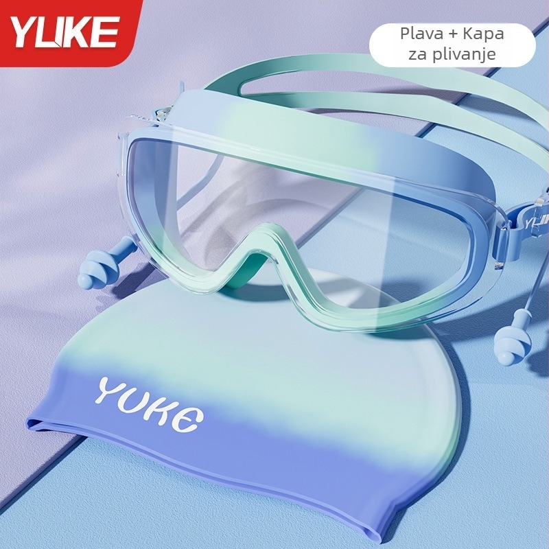 Dječje plivačke naočale s velikim okvirom, leće od polikarbonata, anti-fog, vodootporne, u kompletu s kapom za plivanje