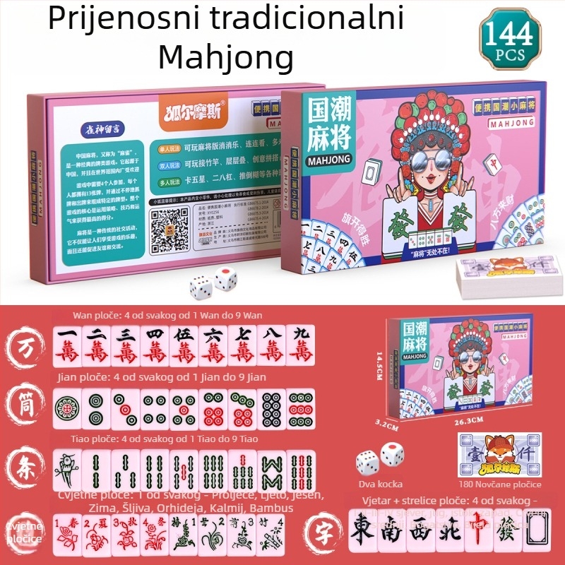 Putne Mahjong karte — vodootporne, debele, prijenosni mini set s Mahjong pločicama; bijeli karton; uključuje torbu i šarenu kutiju; za uzrast 14+.