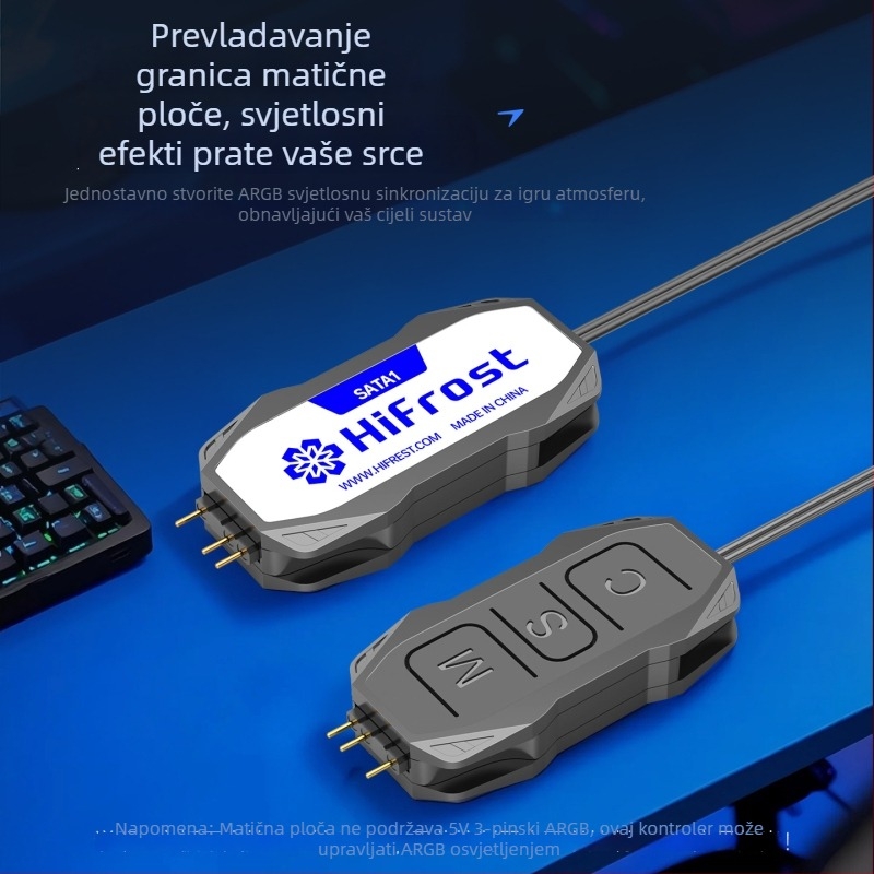 Hifrost SATA1 ARGB Kontroler, Adapter kabel 5V3-pin na SATA za PC — Mini ARGB fan sinhronizacijski hub, 50 cm, bakar+ABS