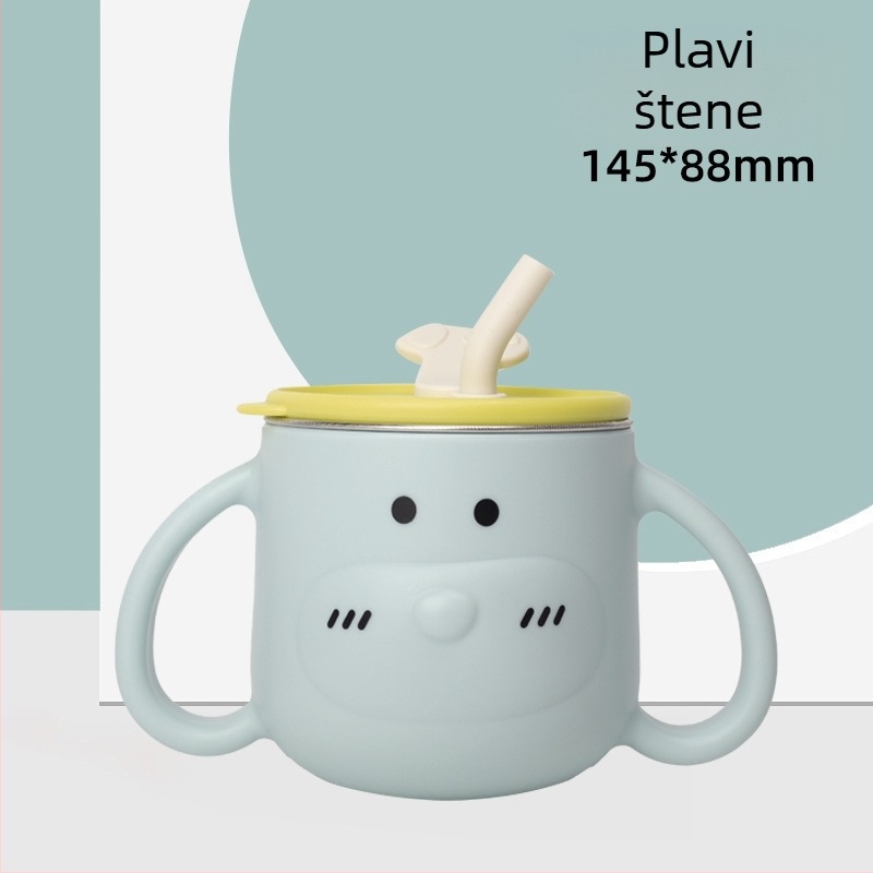 Dječji čašica za vodu od 316L nehrđajućeg čelika s ručkama i slamkom, zakrivljenog oblika, standardnog promjera, za uzrast od 6 mjeseci i više