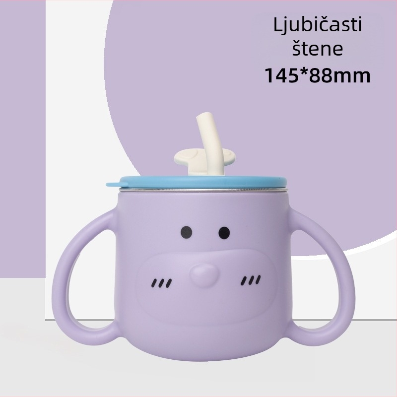 Dječji čašica za vodu od 316L nehrđajućeg čelika s ručkama i slamkom, zakrivljenog oblika, standardnog promjera, za uzrast od 6 mjeseci i više