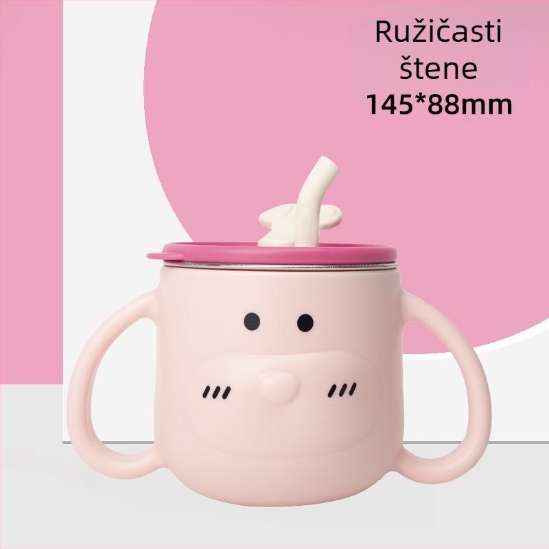 Dječji čašica za vodu od 316L nehrđajućeg čelika s ručkama i slamkom, zakrivljenog oblika, standardnog promjera, za uzrast od 6 mjeseci i više