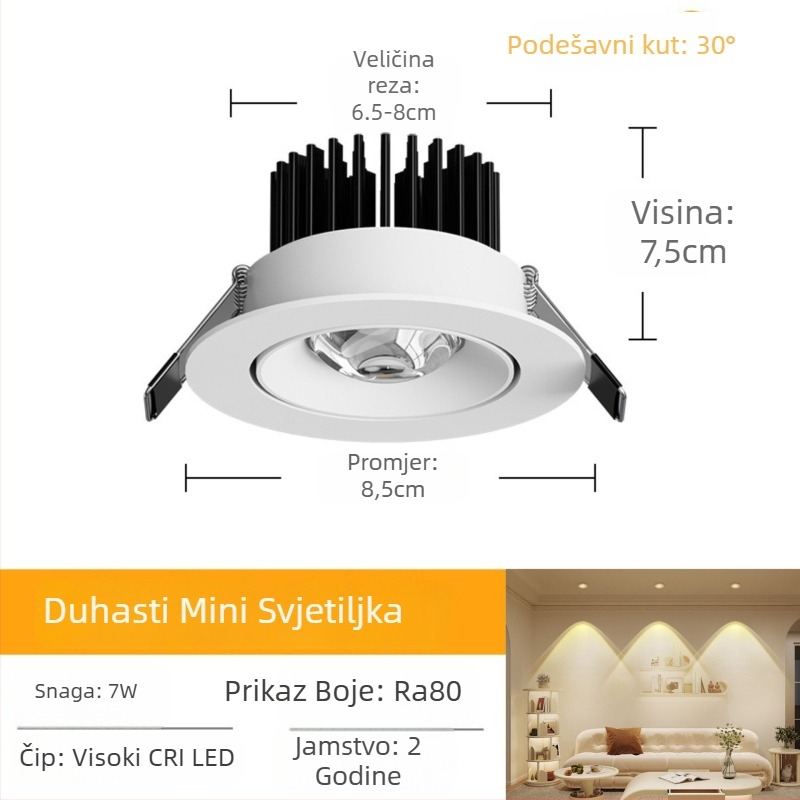 LED ugradni kružni downlight COB, aluminijsko kućište, CRI ≥95, 220V, žično upravljanje