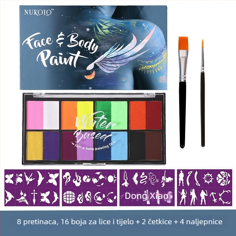Xu Peng set boja za lice i tijelo na bazi vode, kutija s 8 odjeljaka (Marka: Xu Peng; Materijal: na bazi vode; Namjena: akvarel slikanje; Pakiranje: kutija s 8 odjeljaka)
