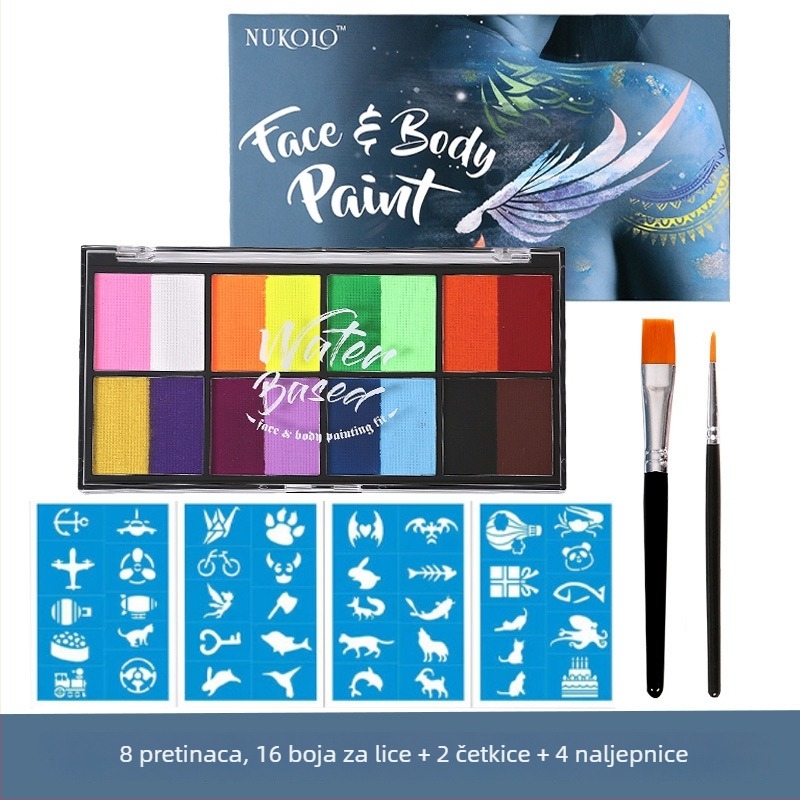 Xu Peng set boja za lice i tijelo na bazi vode, kutija s 8 odjeljaka (Marka: Xu Peng; Materijal: na bazi vode; Namjena: akvarel slikanje; Pakiranje: kutija s 8 odjeljaka)