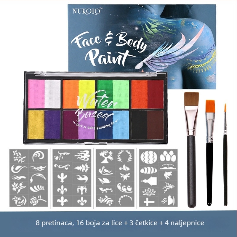 Xu Peng set boja za lice i tijelo na bazi vode, kutija s 8 odjeljaka (Marka: Xu Peng; Materijal: na bazi vode; Namjena: akvarel slikanje; Pakiranje: kutija s 8 odjeljaka)