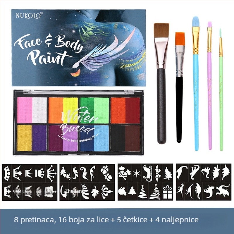 Xu Peng set boja za lice i tijelo na bazi vode, kutija s 8 odjeljaka (Marka: Xu Peng; Materijal: na bazi vode; Namjena: akvarel slikanje; Pakiranje: kutija s 8 odjeljaka)