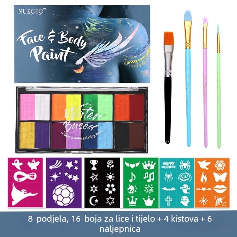 Xu Peng set boja za lice i tijelo na bazi vode, kutija s 8 odjeljaka (Marka: Xu Peng; Materijal: na bazi vode; Namjena: akvarel slikanje; Pakiranje: kutija s 8 odjeljaka)