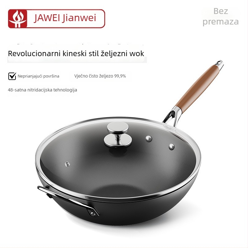 Wok od finog željeza, kineskog stila, stakleni poklopac, kompatibilan sa svim pločama, jednostrano dno