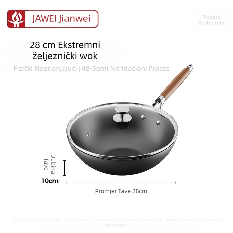 Wok od finog željeza, kineskog stila, stakleni poklopac, kompatibilan sa svim pločama, jednostrano dno